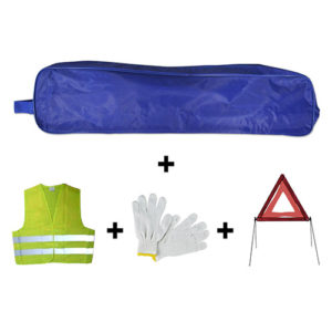 JBM Kit emergencia bolsa azul ribete + triángulo + chaleco + guantes – 53177