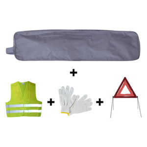JBM Kit emergencia bolsa gris ribete + triángulo + chaleco + guantes – 53178