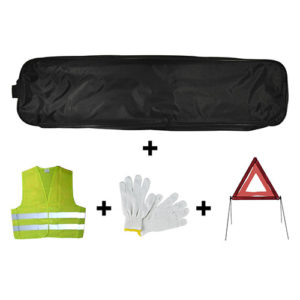 JBM Kit emergencia bolsa negra ribete + triángulo + chaleco + guantes – 53179
